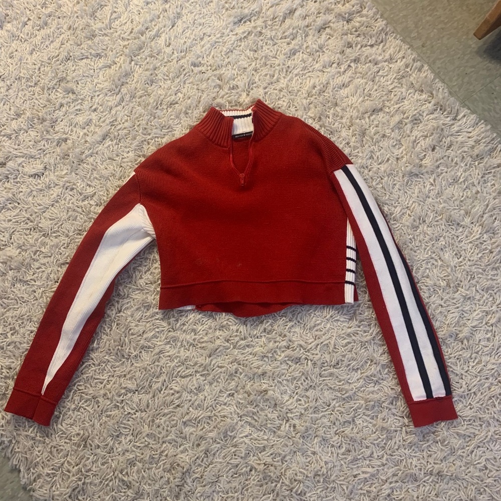 red cropped zip up sweater
